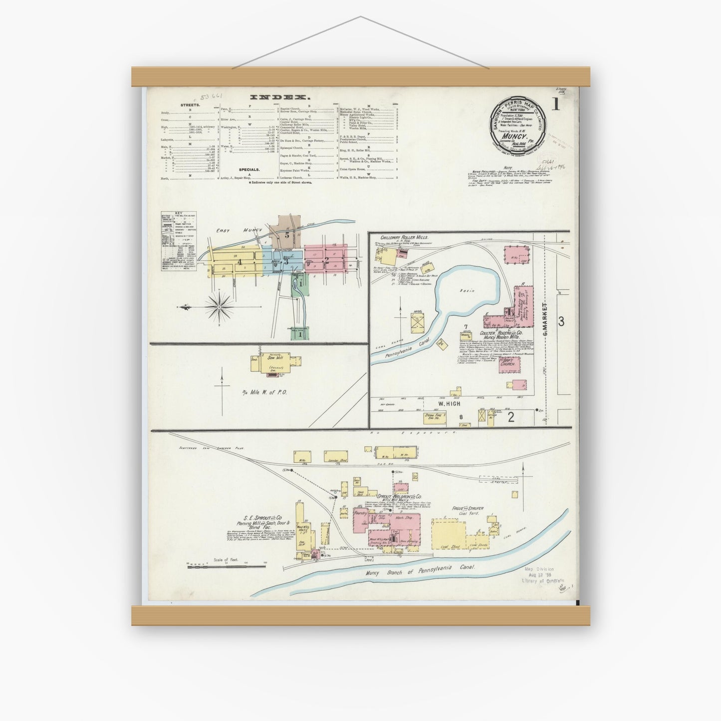 Old map wall art mockup — magnetic wood frame on white wall — Sanborn Fire Insurance Map from Muncy, Lycoming County, Pennsylvania (1896) - Complete Map Set