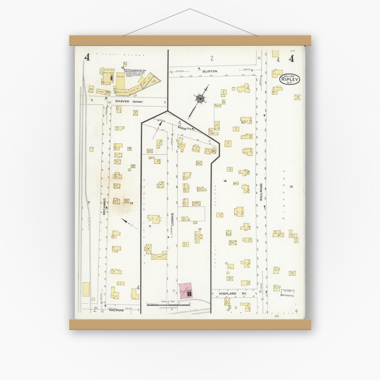 Old map wall art mockup — magnetic wood frame on white wall — Sanborn Fire Insurance Map from Ripley, Chautauqua County, New York (1924), Sheet #0004