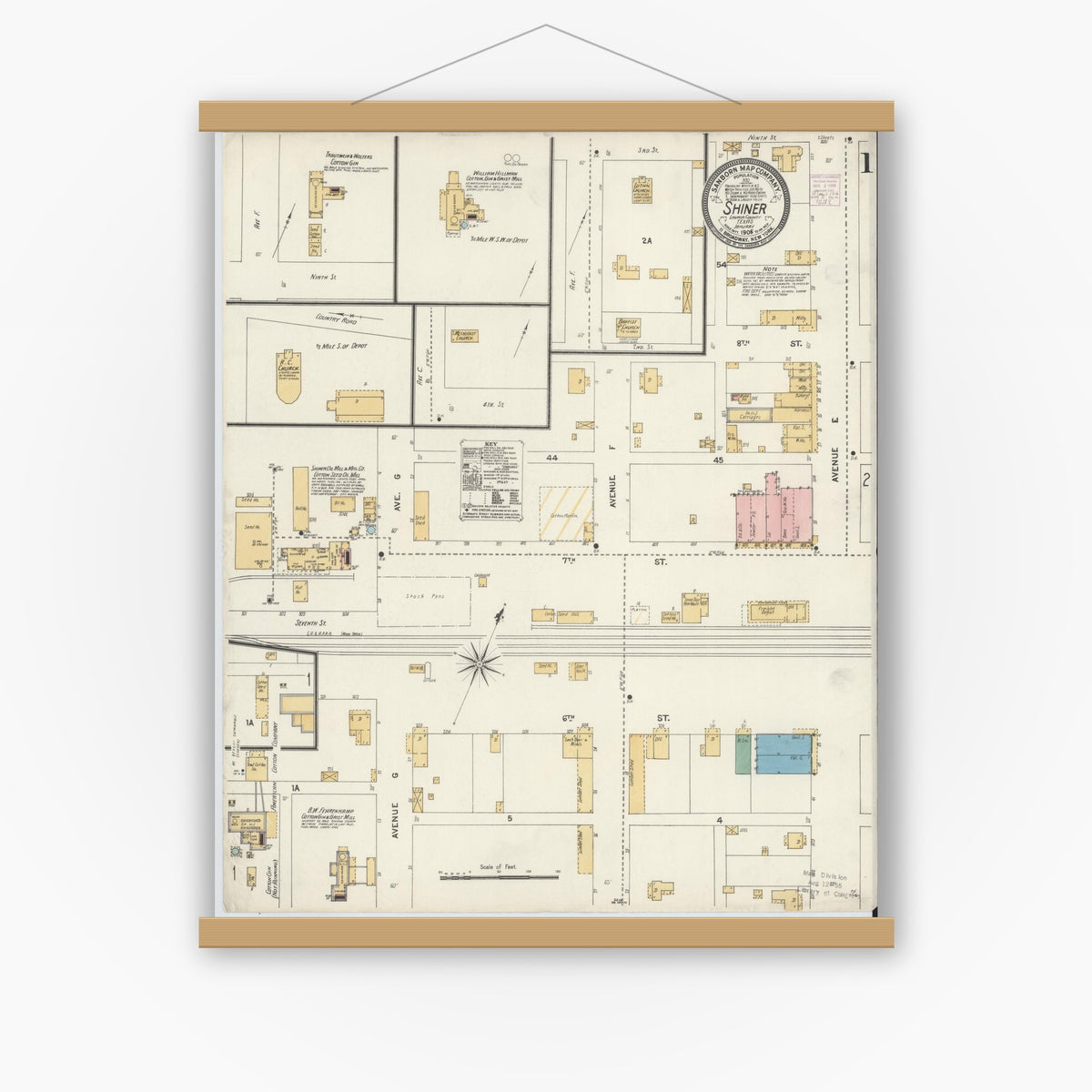 Old map wall art mockup — magnetic wood frame on white wall — Sanborn Fire Insurance Map from Shiner, Lavaca County, Texas (1906) - Complete Map Set
