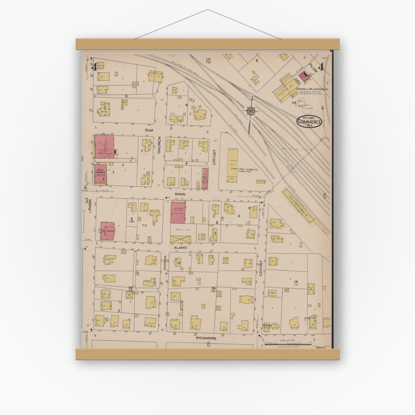 Old map wall art mockup — magnetic wood frame on white wall — Sanborn Fire Insurance Map from Commerce, Hunt County, Texas (1922), Sheet #0004