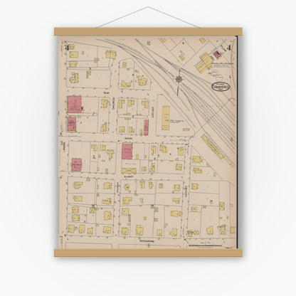 Old map wall art mockup — magnetic wood frame on white wall — Sanborn Fire Insurance Map from Commerce, Hunt County, Texas (1922), Sheet #0004