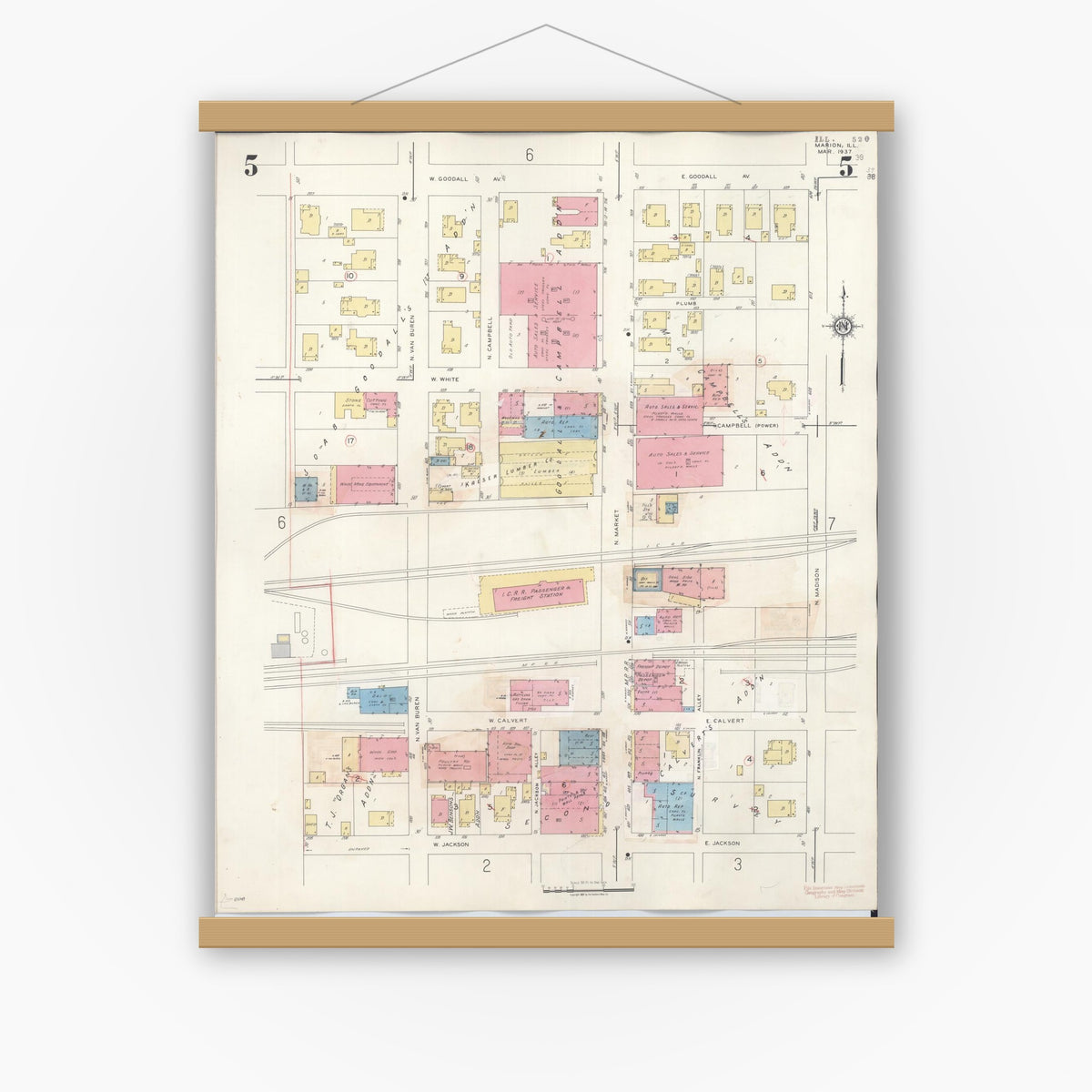 Old map wall art mockup — magnetic wood frame on white wall — Sanborn Fire Insurance Map from Marion, Williamson County, Illinois (1946), Sheet #0005