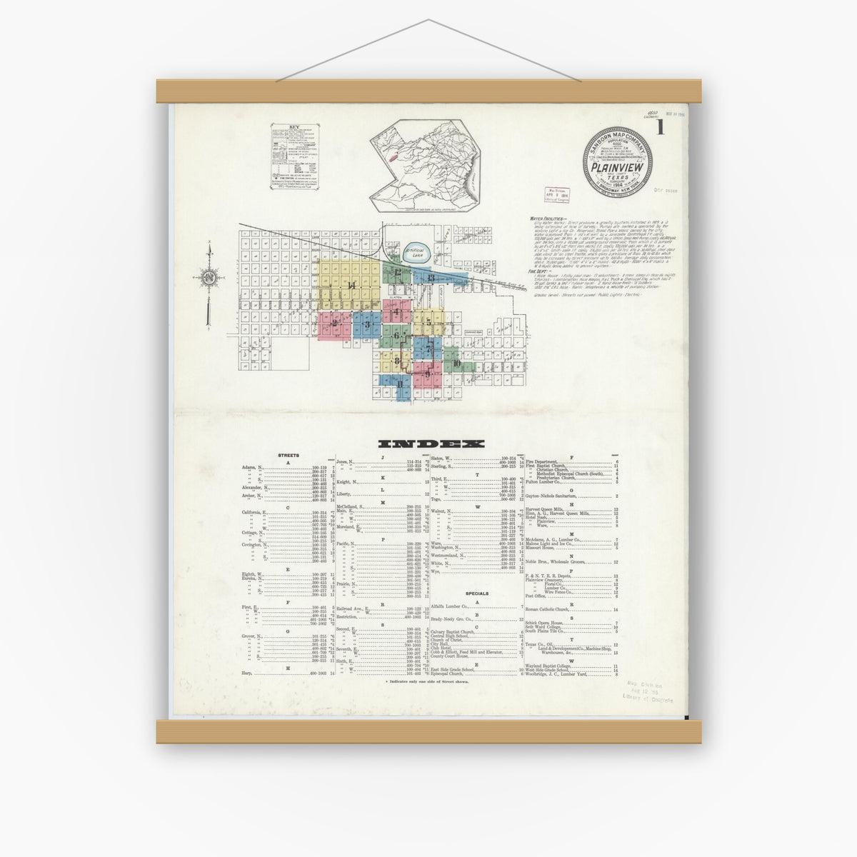 Old map wall art mockup — magnetic wood frame on white wall — Sanborn Fire Insurance Map from Plainview, Hale County, Texas (1914), Sheet #0001