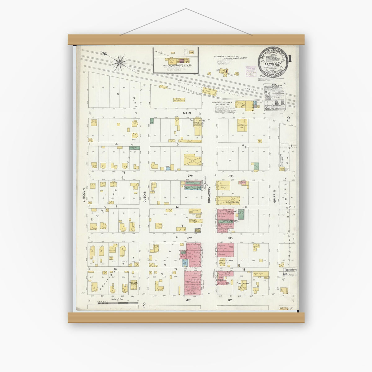 Old map wall art mockup — magnetic wood frame on white wall — Sanborn Fire Insurance Map from Elsberry, Lincoln County, Missouri (1906) - Complete Map Set
