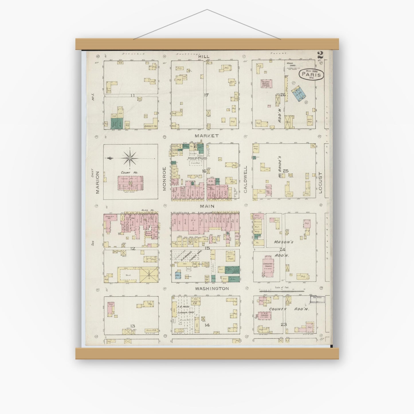 Old map wall art mockup — magnetic wood frame on white wall — Sanborn Fire Insurance Map from Paris, Monroe County, Missouri (1886), Sheet #0002