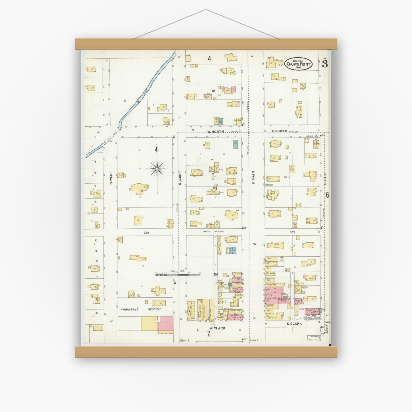 Old map wall art mockup — magnetic wood frame on white wall — Sanborn Fire Insurance Map from Crown Point, Lake County, Indiana (1905), Sheet #0003