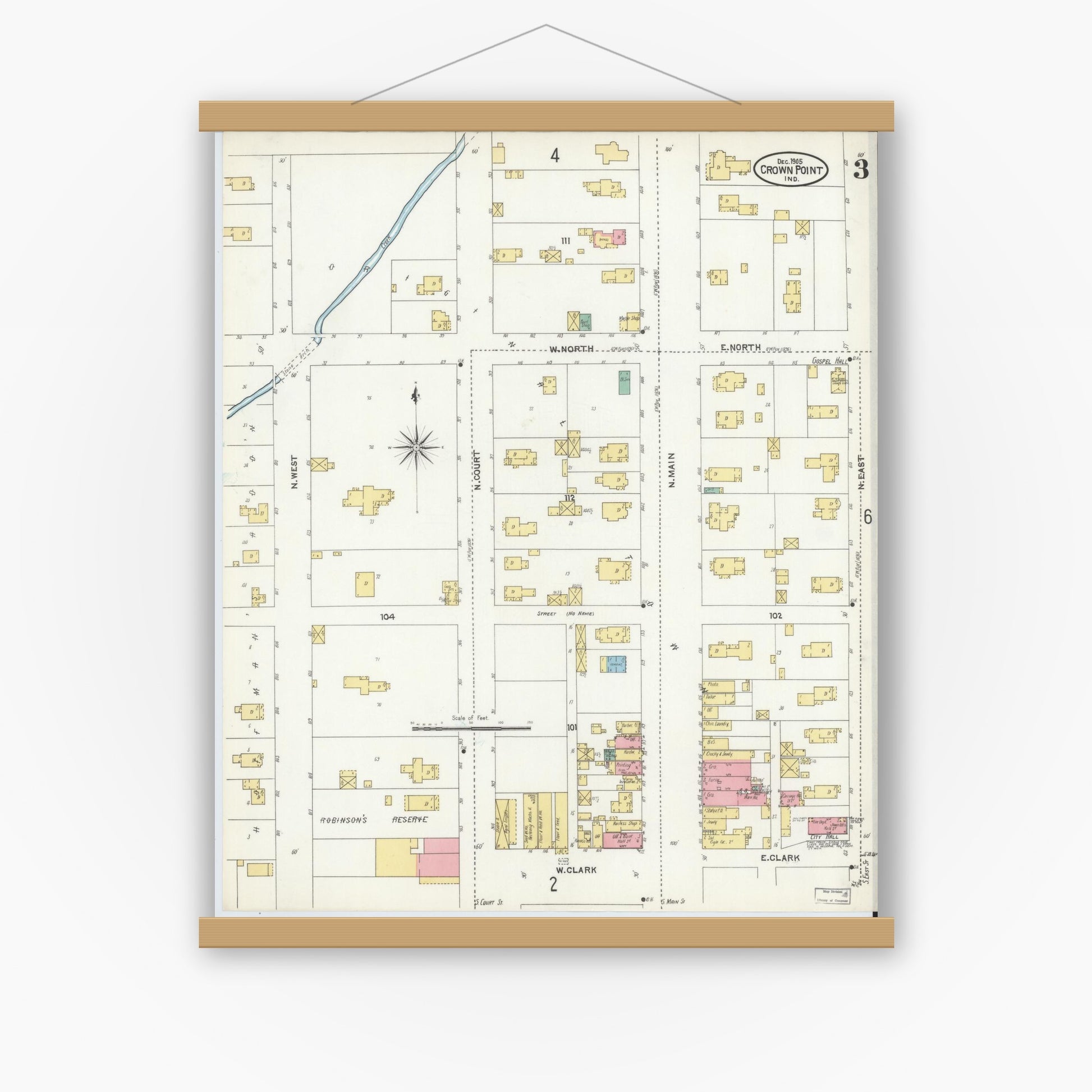 Old map wall art mockup — magnetic wood frame on white wall — Sanborn Fire Insurance Map from Crown Point, Lake County, Indiana (1905), Sheet #0003