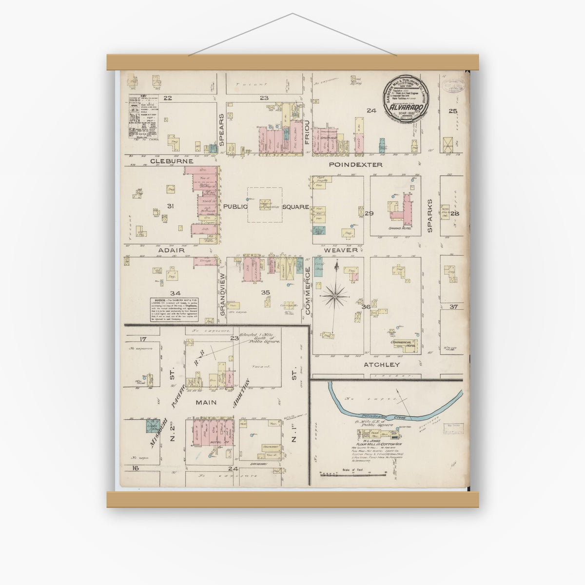 Old map wall art mockup — magnetic wood frame on white wall — Sanborn Fire Insurance Map from Alvarado, Johnson County, Texas (1885), Sheet #0001