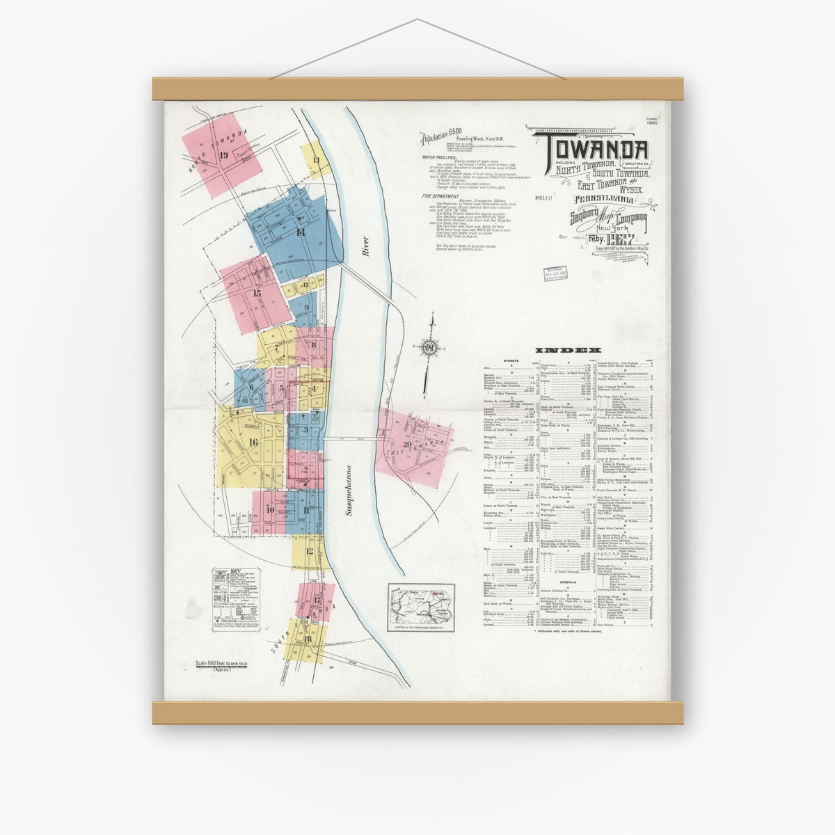Old map wall art mockup — magnetic wood frame on white wall — Sanborn Fire Insurance Map from Towanda, Bradford County, Pennsylvania (1927) - Complete Map Set