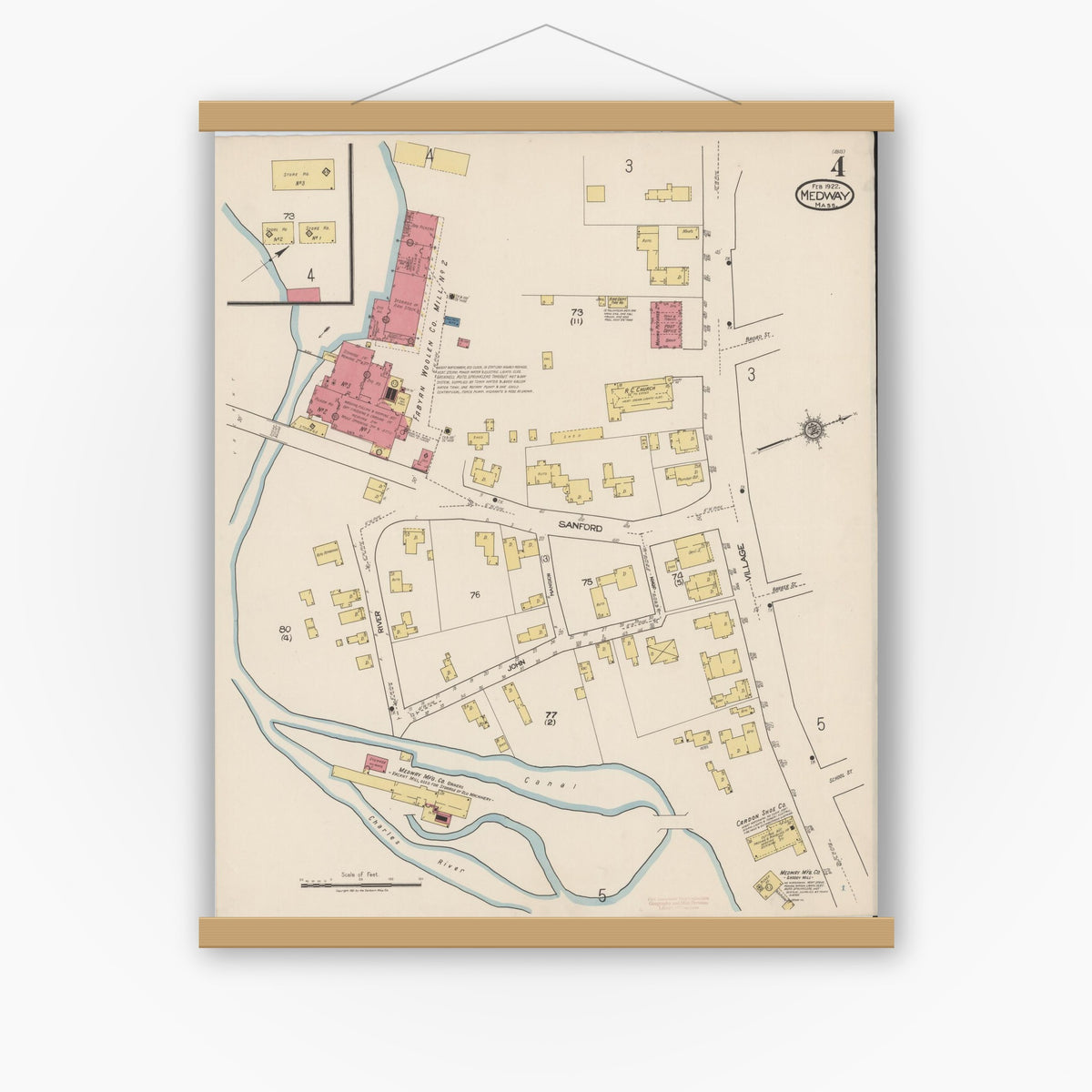 Old map wall art mockup — magnetic wood frame on white wall — Sanborn Fire Insurance Map from Medway, Norfolk County, Massachusetts (1922), Sheet #0004