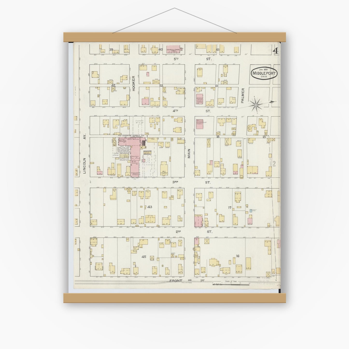 Old map wall art mockup — magnetic wood frame on white wall — Sanborn Fire Insurance Map from Middleport, Meigs County, Ohio (1893), Sheet #0004