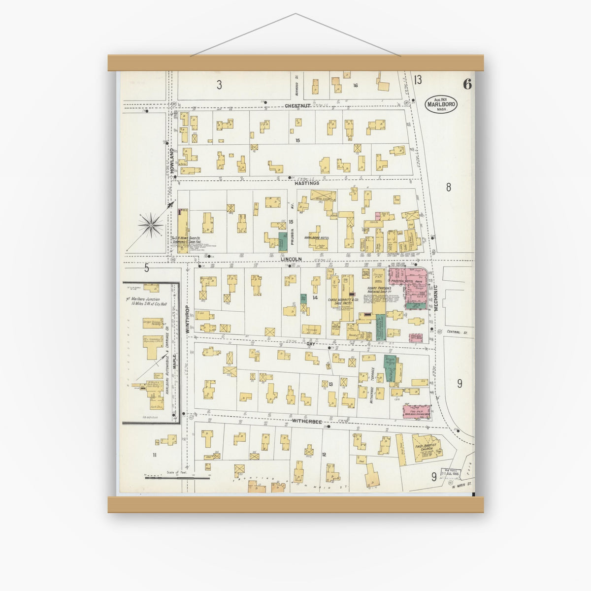 Old map wall art mockup — magnetic wood frame on white wall — Sanborn Fire Insurance Map from Marlborough, Middlesex County, Massachusetts (1901), Sheet #0006