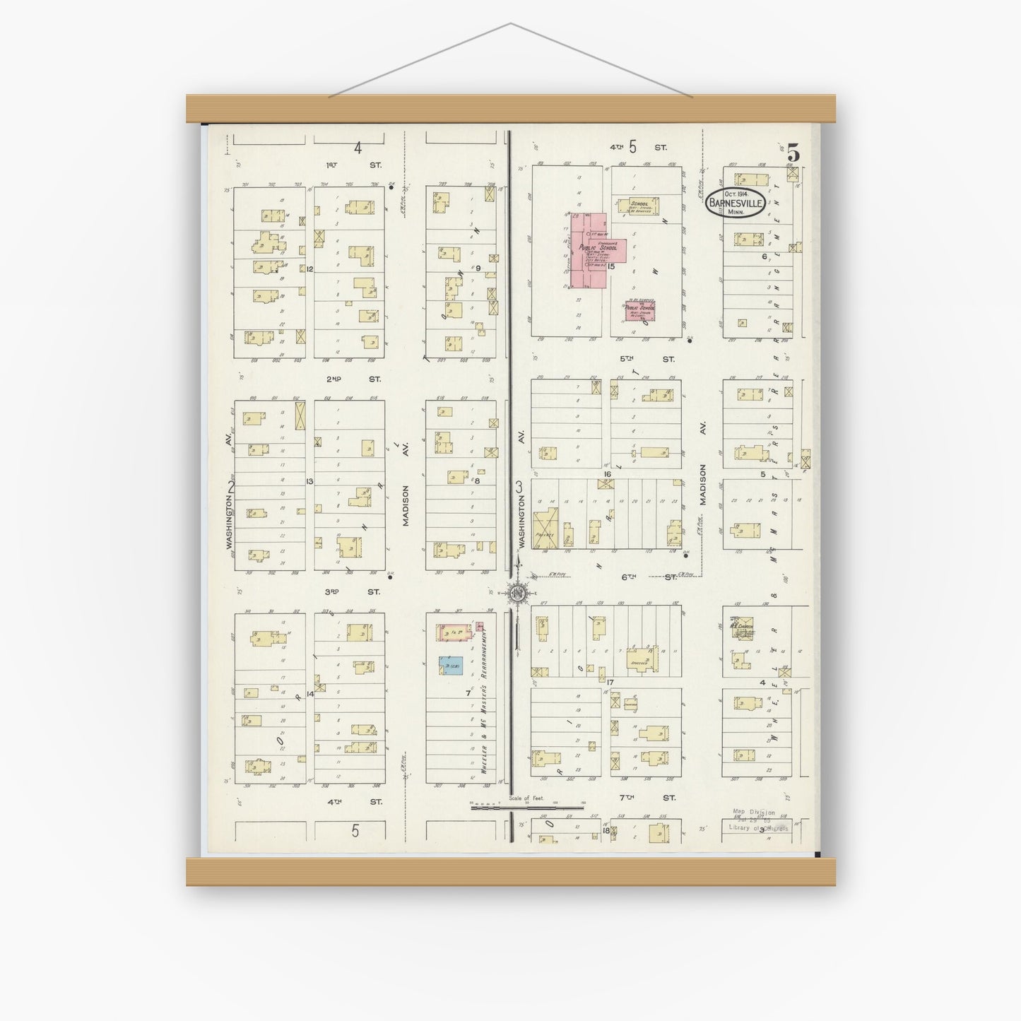 Old map wall art mockup — magnetic wood frame on white wall — Sanborn Fire Insurance Map from Barnesville, Clay County, Minnesota (1914), Sheet #0005