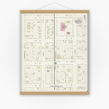 Old map wall art mockup — magnetic wood frame on white wall — Sanborn Fire Insurance Map from Barnesville, Clay County, Minnesota (1914), Sheet #0005