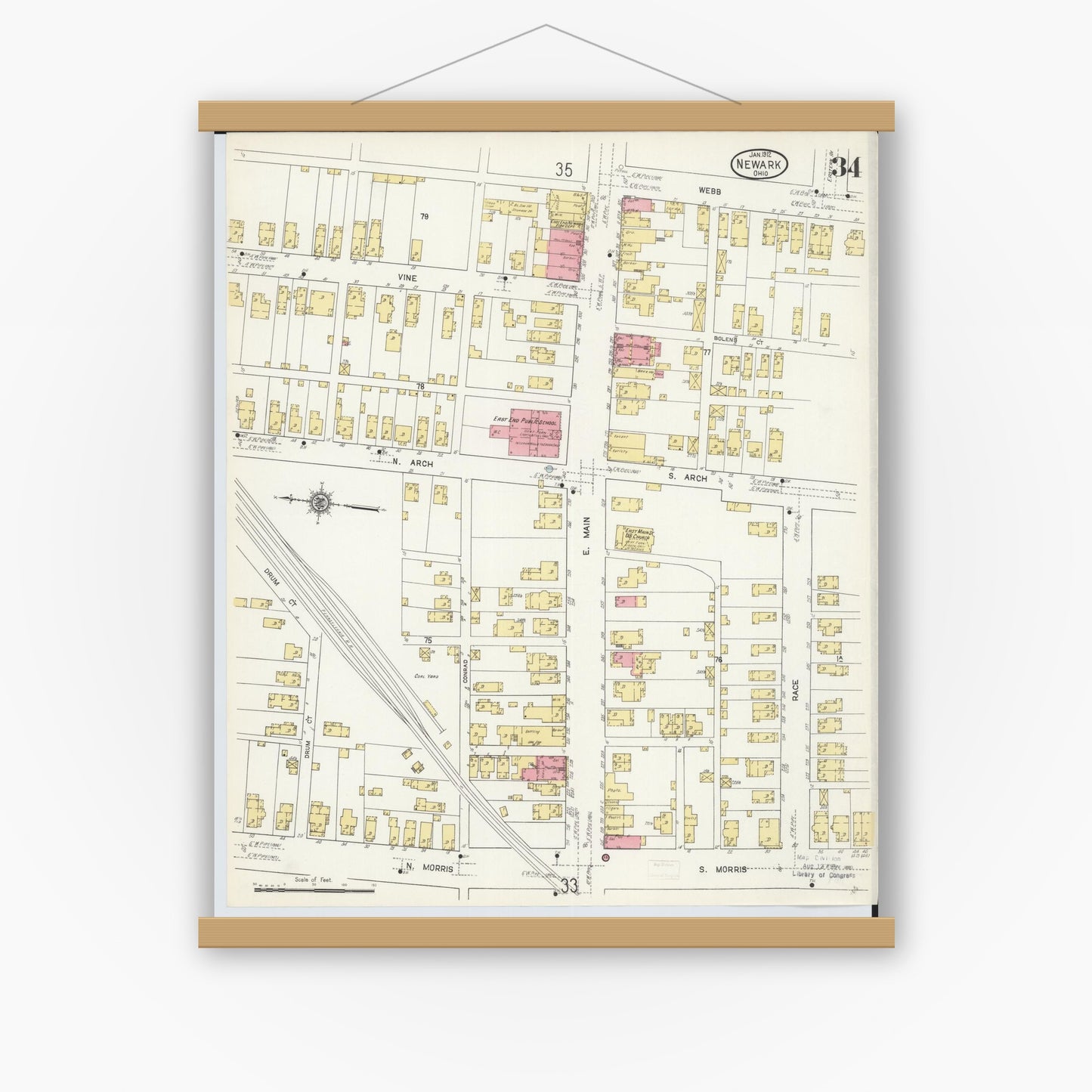 Old map wall art mockup — magnetic wood frame on white wall — Sanborn Fire Insurance Map from Newark, Licking County, Ohio (1912), Sheet #0034