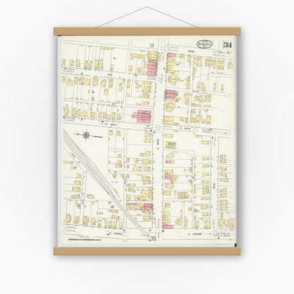 Old map wall art mockup — magnetic wood frame on white wall — Sanborn Fire Insurance Map from Newark, Licking County, Ohio (1912), Sheet #0034