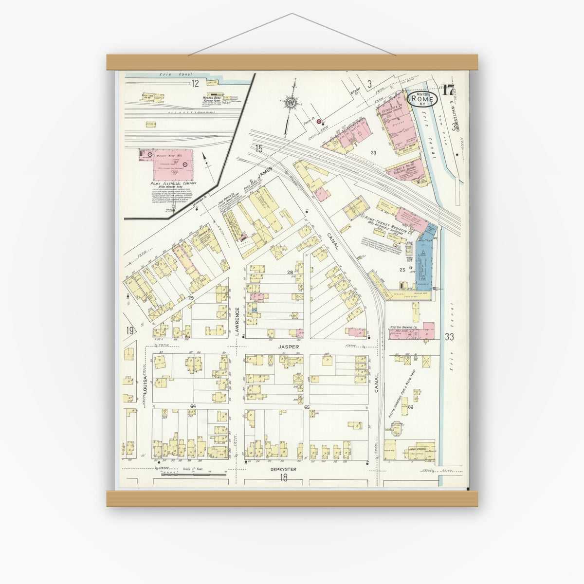 Old map wall art mockup — magnetic wood frame on white wall — Sanborn Fire Insurance Map from Rome, Oneida County, New York (1914), Sheet #0017