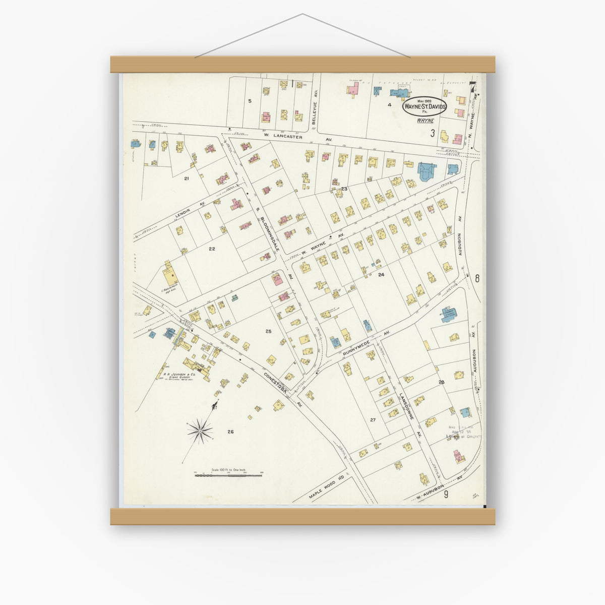 Old map wall art mockup — magnetic wood frame on white wall — Sanborn Fire Insurance Map from Wayne, Delaware County, Pennsylvania (1909), Sheet #0007