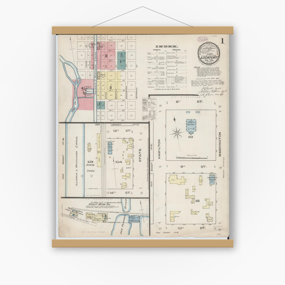 Old map wall art mockup — magnetic wood frame on white wall — Sanborn Fire Insurance Map from Lockport, Will County, Illinois (1886), Sheet #0001