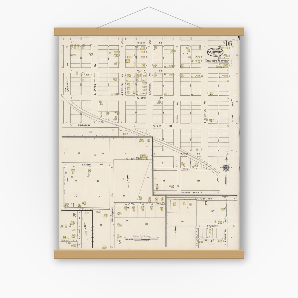 Old map wall art mockup — magnetic wood frame on white wall — Sanborn Fire Insurance Map from Sanford, Seminole County, Florida (1922), Sheet #0016