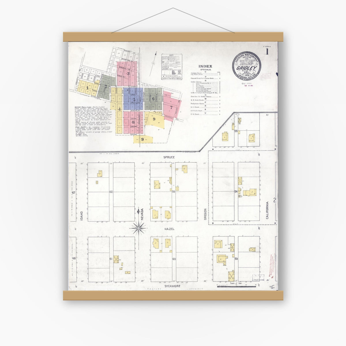 Old map wall art mockup — magnetic wood frame on white wall — Sanborn Fire Insurance Map from Gridley, Butte County, California (1909), Sheet #0001