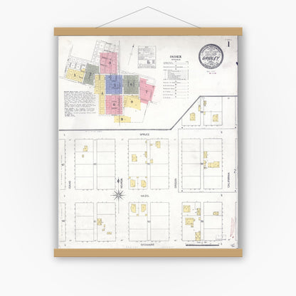 Old map wall art mockup — magnetic wood frame on white wall — Sanborn Fire Insurance Map from Gridley, Butte County, California (1909), Sheet #0001