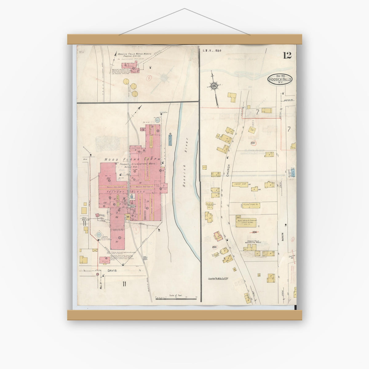 Old map wall art mockup — magnetic wood frame on white wall — Sanborn Fire Insurance Map from Hoosick Falls, Rensselaer County, New York (1945), Sheet #0012