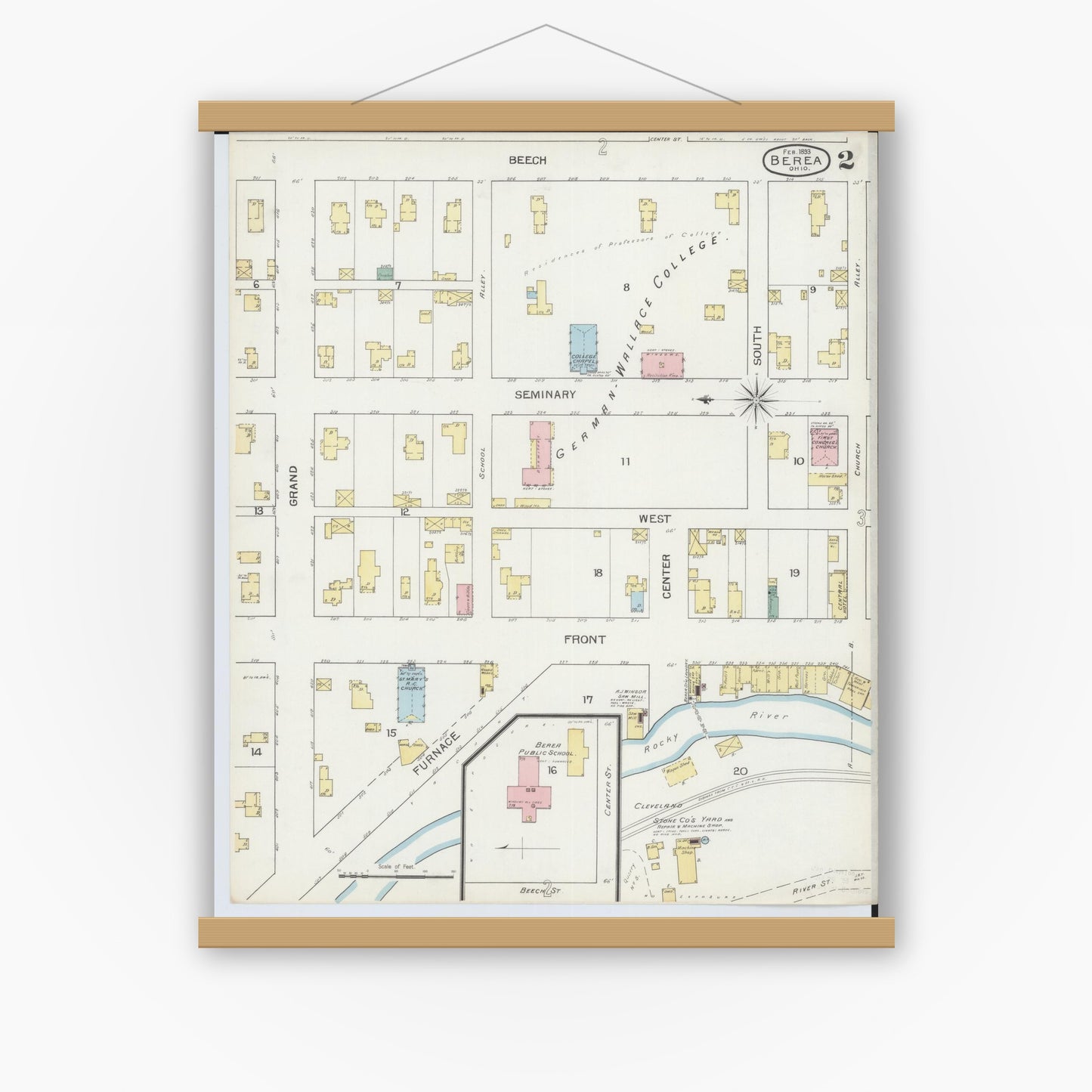 Old map wall art mockup — magnetic wood frame on white wall — Sanborn Fire Insurance Map from Berea, Cuyahoga County, Ohio (1893), Sheet #0002