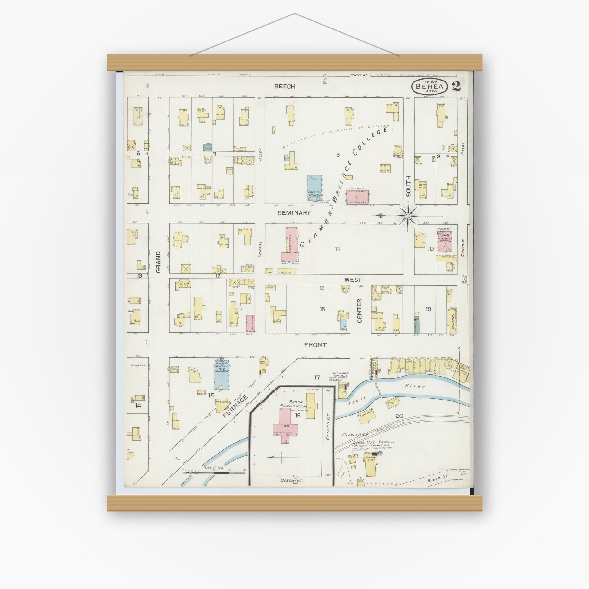 Old map wall art mockup — magnetic wood frame on white wall — Sanborn Fire Insurance Map from Berea, Cuyahoga County, Ohio (1893), Sheet #0002