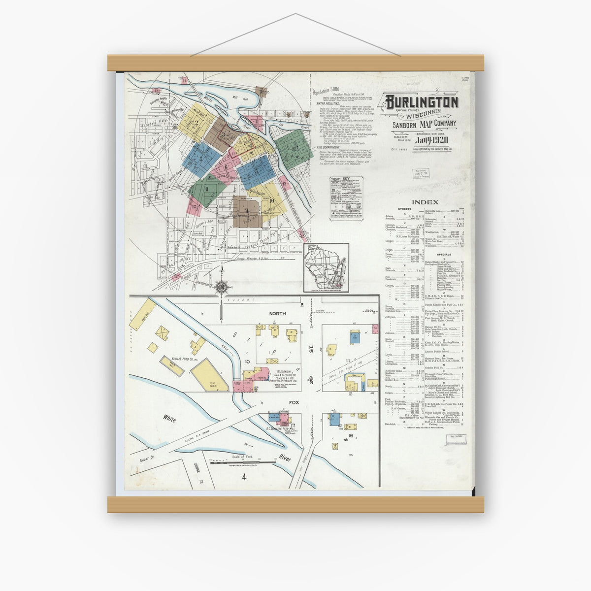 Old map wall art mockup — magnetic wood frame on white wall — Sanborn Fire Insurance Map from Burlington, Racine County, Wisconsin (1920), Sheet #0001