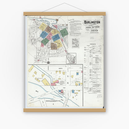 Old map wall art mockup — magnetic wood frame on white wall — Sanborn Fire Insurance Map from Burlington, Racine County, Wisconsin (1920), Sheet #0001