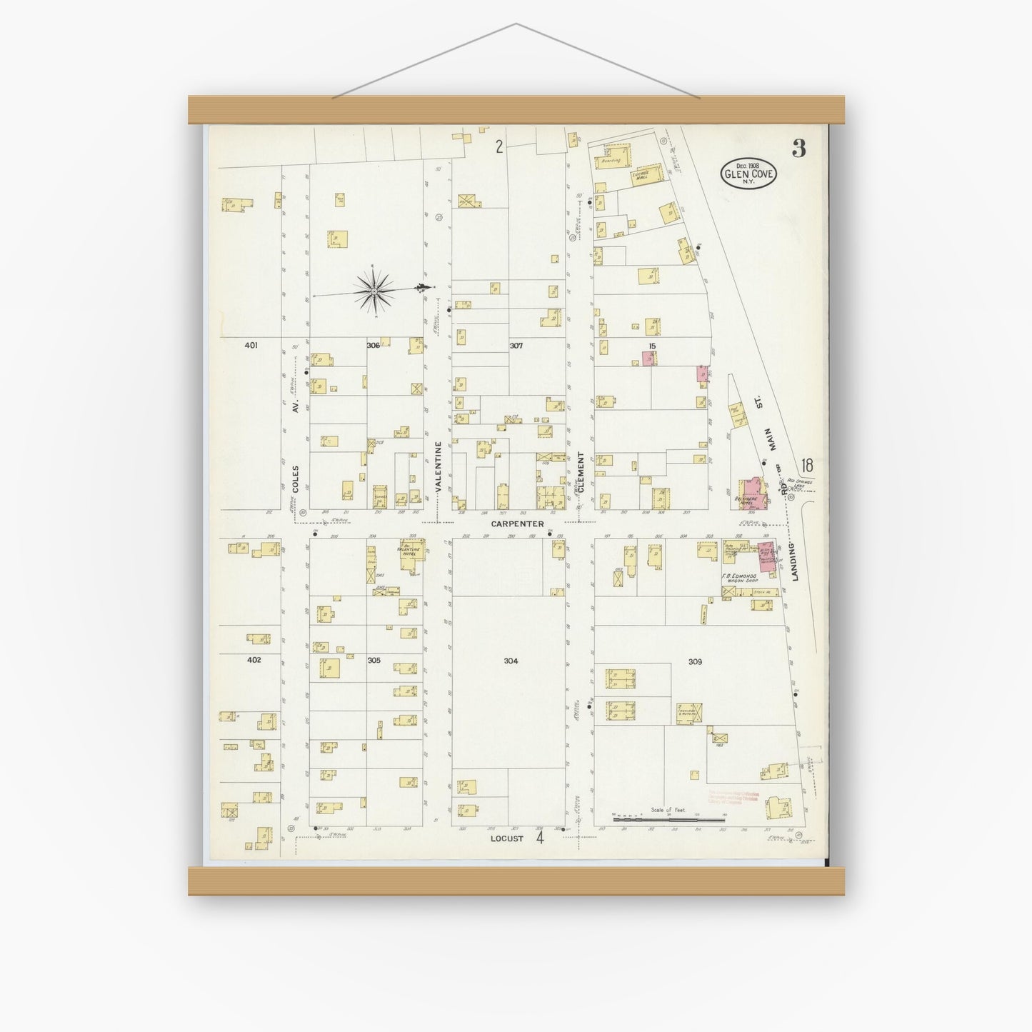 Old map wall art mockup — magnetic wood frame on white wall — Sanborn Fire Insurance Map from Glen Cove, Nassau County, New York (1908), Sheet #0003
