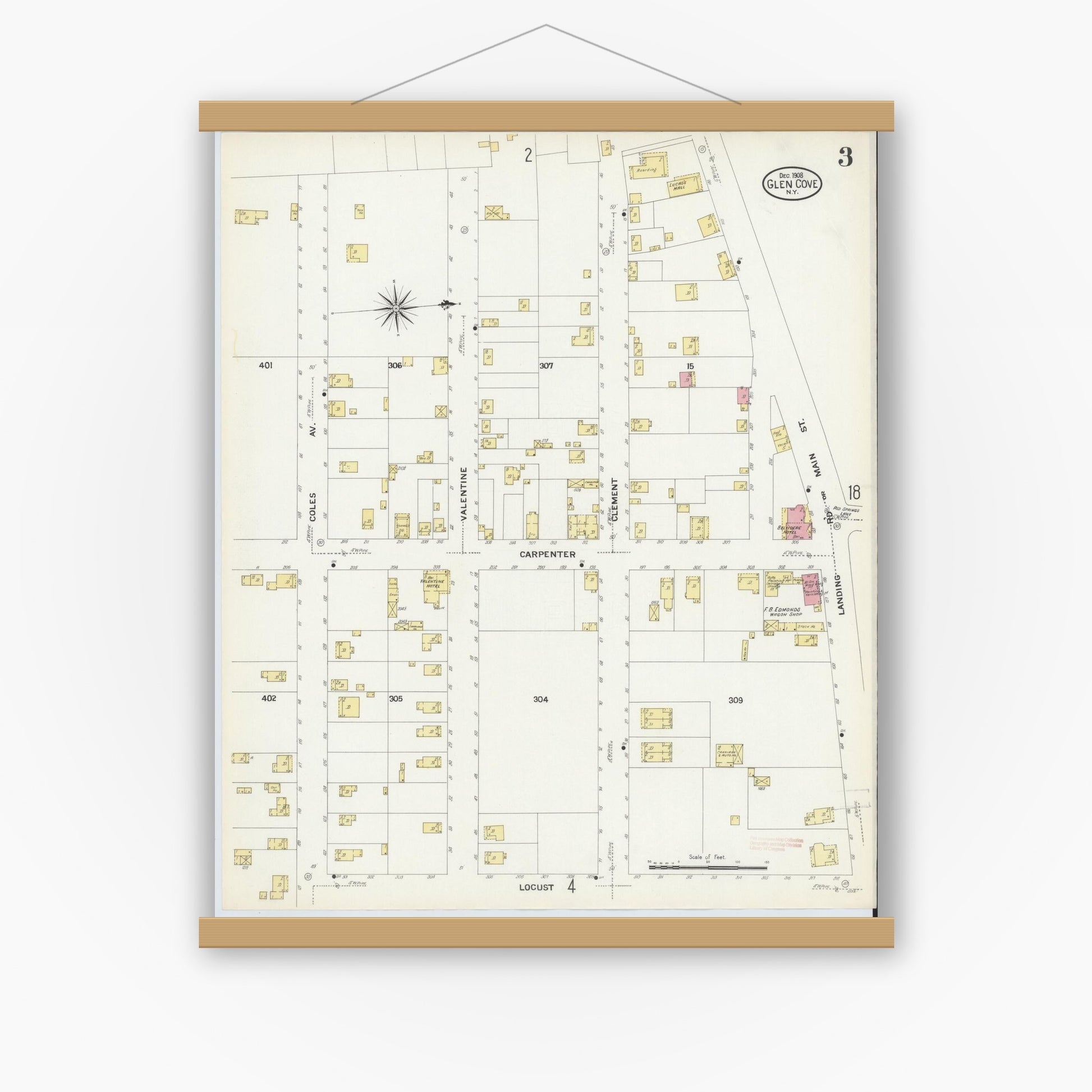 Old map wall art mockup — magnetic wood frame on white wall — Sanborn Fire Insurance Map from Glen Cove, Nassau County, New York (1908), Sheet #0003