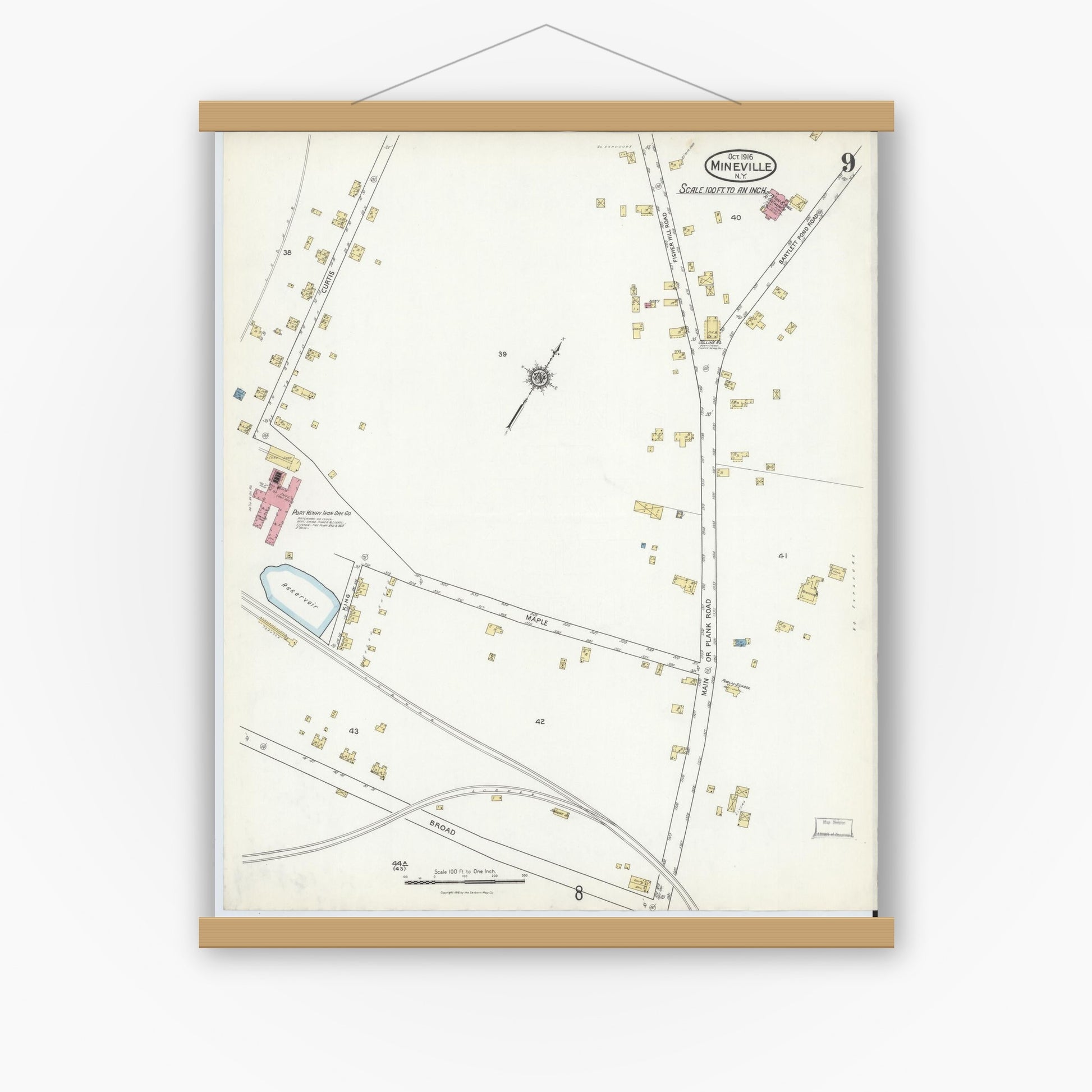 Old map wall art mockup — magnetic wood frame on white wall — Sanborn Fire Insurance Map from Mineville, Essex County, New York (1916), Sheet #0009
