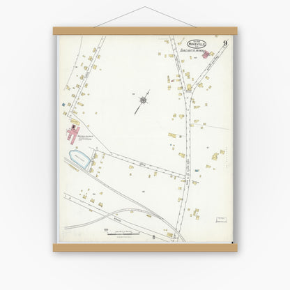 Old map wall art mockup — magnetic wood frame on white wall — Sanborn Fire Insurance Map from Mineville, Essex County, New York (1916), Sheet #0009