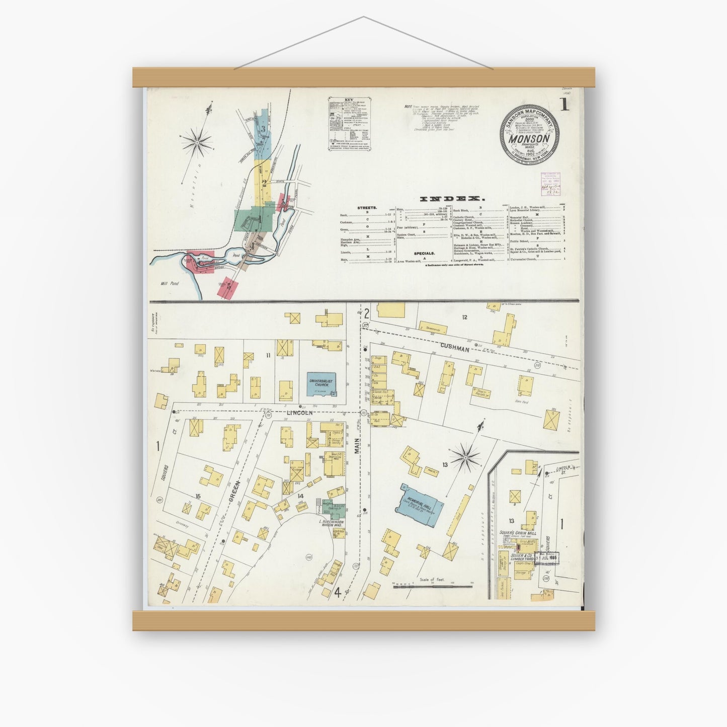 Old map wall art mockup — magnetic wood frame on white wall — Sanborn Fire Insurance Map from Monson, Hampden County, Massachusetts (1902) - Complete Map Set