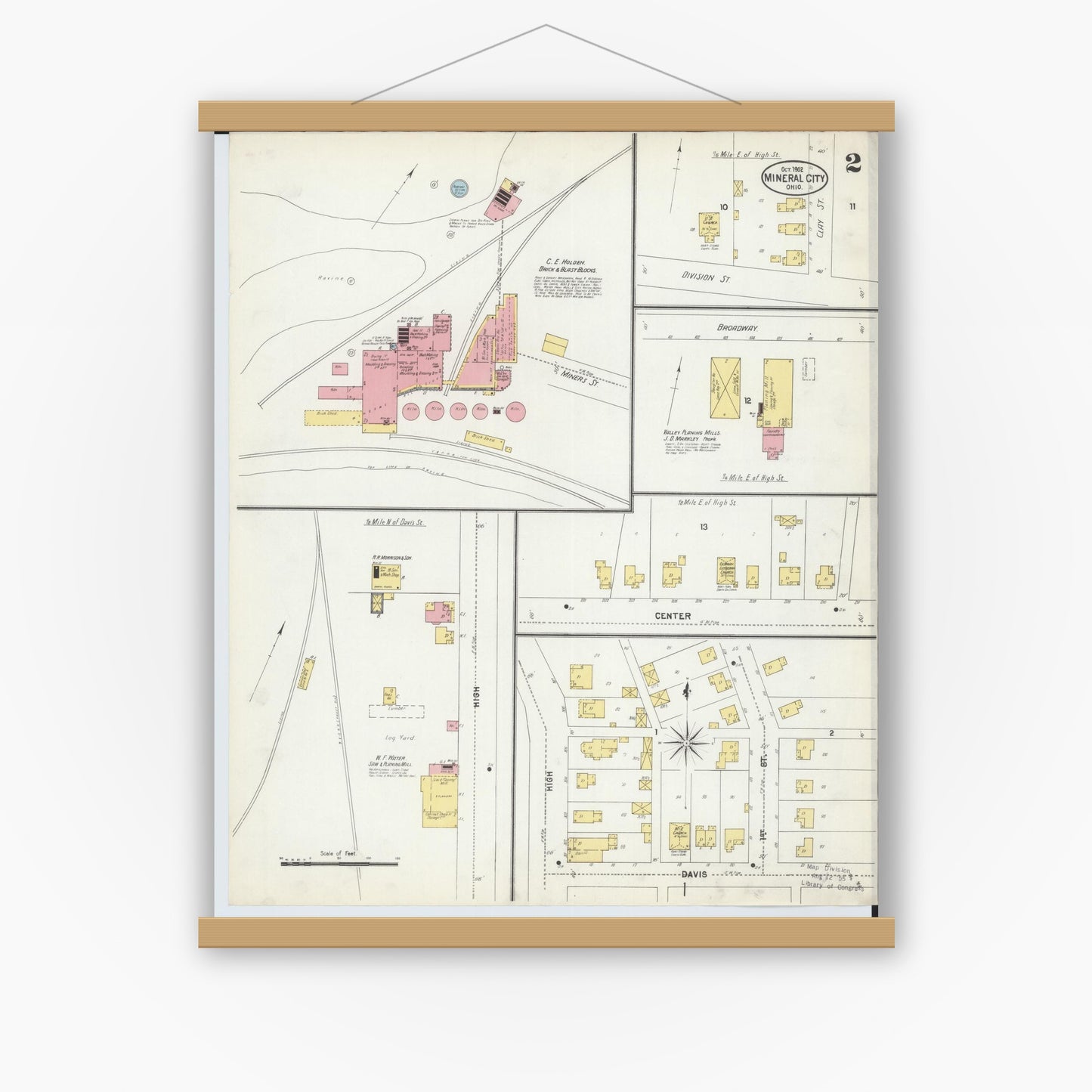 Old map wall art mockup — magnetic wood frame on white wall — Sanborn Fire Insurance Map from Mineral City, Tuscarawas County, Ohio (1902), Sheet #0002