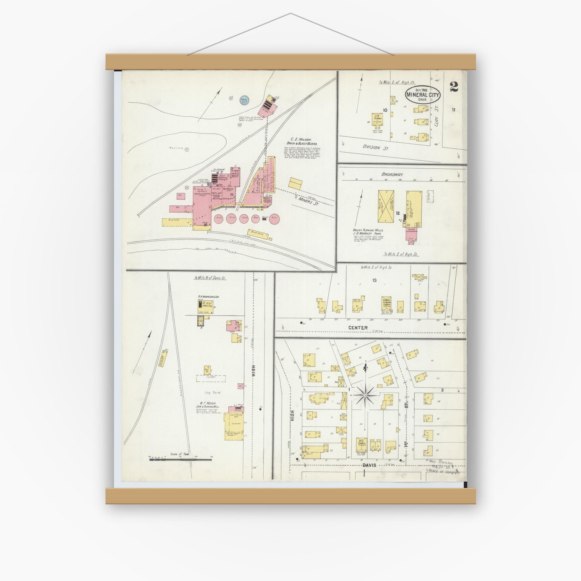 Old map wall art mockup — magnetic wood frame on white wall — Sanborn Fire Insurance Map from Mineral City, Tuscarawas County, Ohio (1902), Sheet #0002