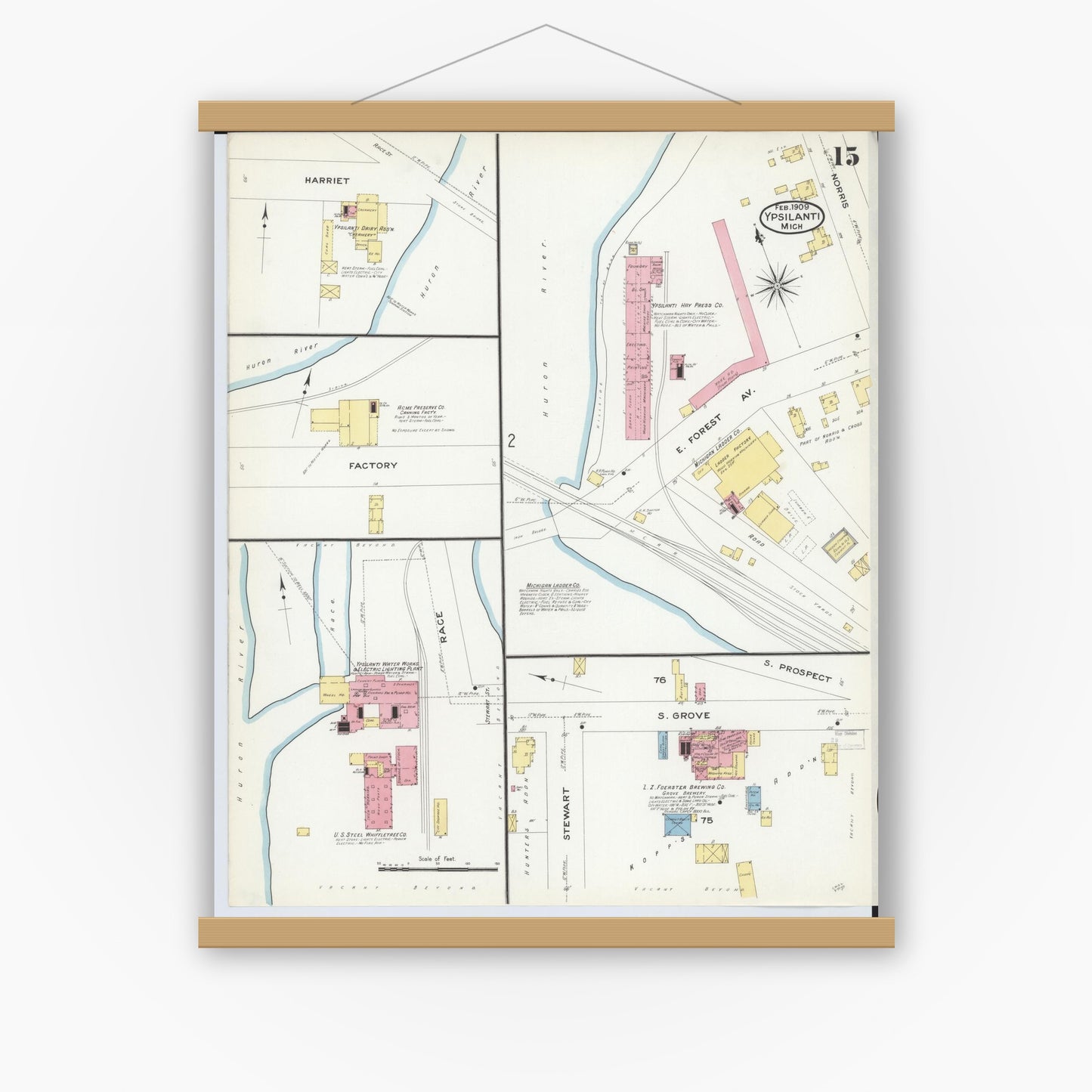 Old map wall art mockup — magnetic wood frame on white wall — Sanborn Fire Insurance Map from Ypsilanti, Washtenaw County, Michigan (1909), Sheet #0015