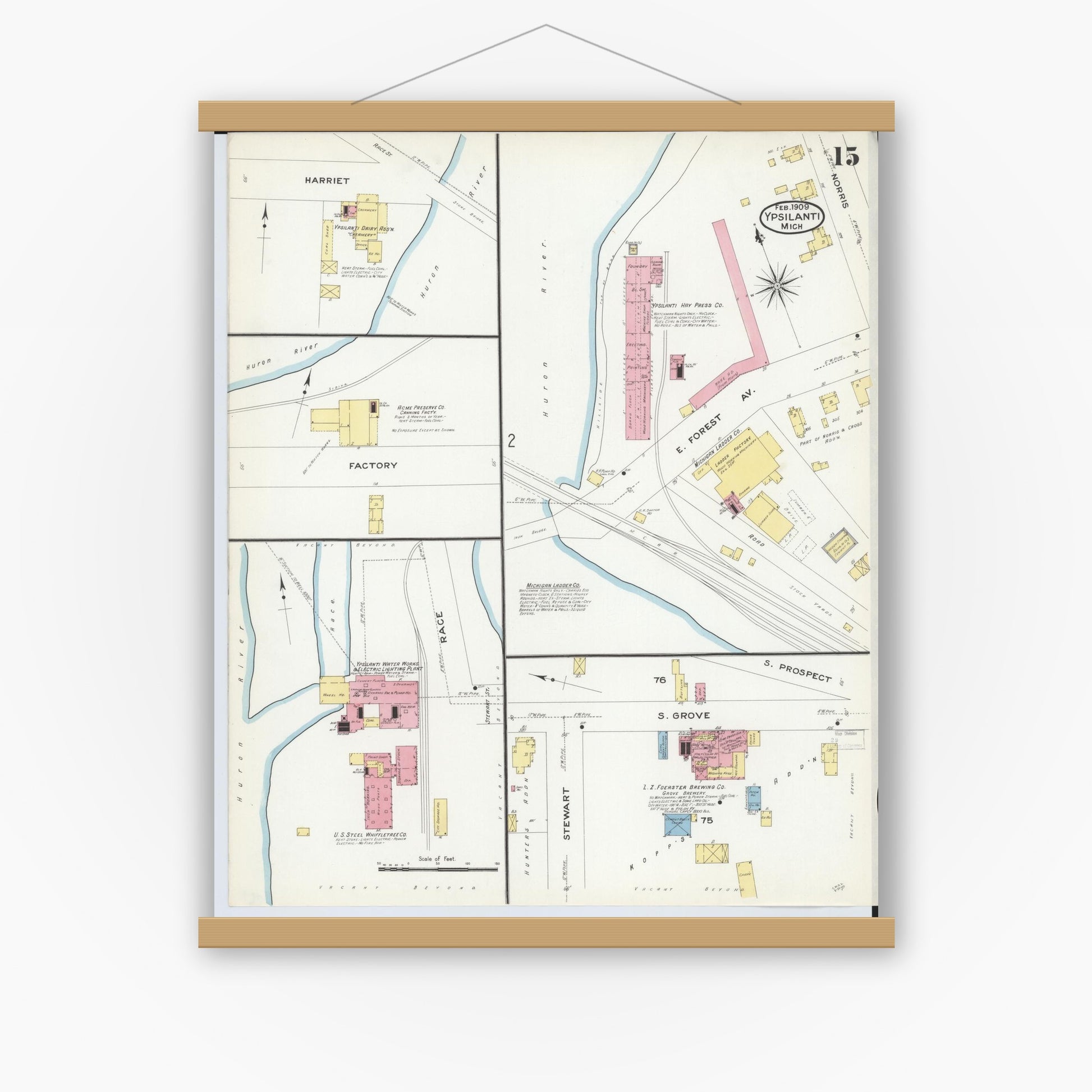 Old map wall art mockup — magnetic wood frame on white wall — Sanborn Fire Insurance Map from Ypsilanti, Washtenaw County, Michigan (1909), Sheet #0015
