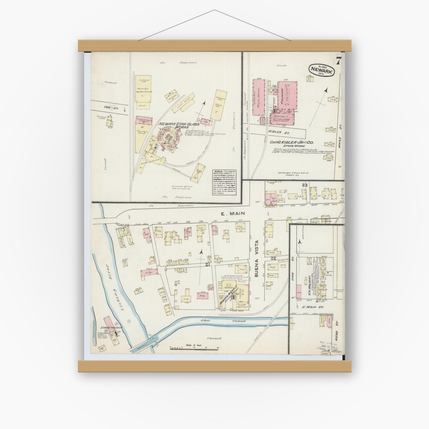 Old map wall art mockup — magnetic wood frame on white wall — Sanborn Fire Insurance Map from Newark, Licking County, Ohio (1884), Sheet #0007