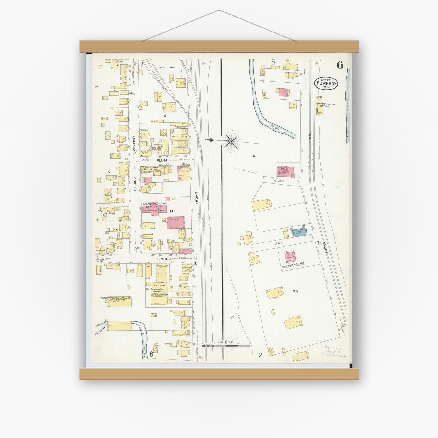 Old map wall art mockup — magnetic wood frame on white wall — Sanborn Fire Insurance Map from Pomeroy, Meigs County, Ohio (1908), Sheet #0006