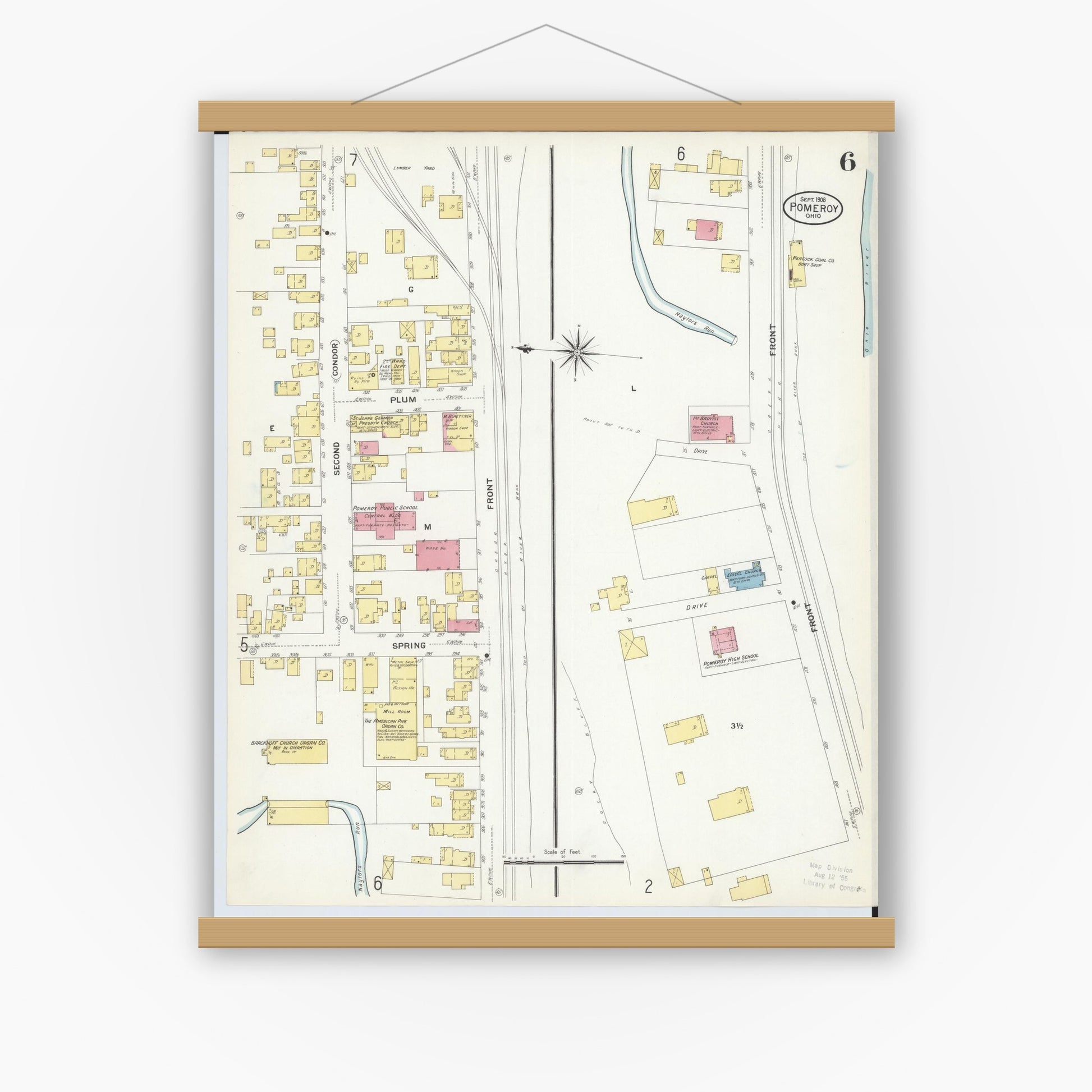 Old map wall art mockup — magnetic wood frame on white wall — Sanborn Fire Insurance Map from Pomeroy, Meigs County, Ohio (1908), Sheet #0006