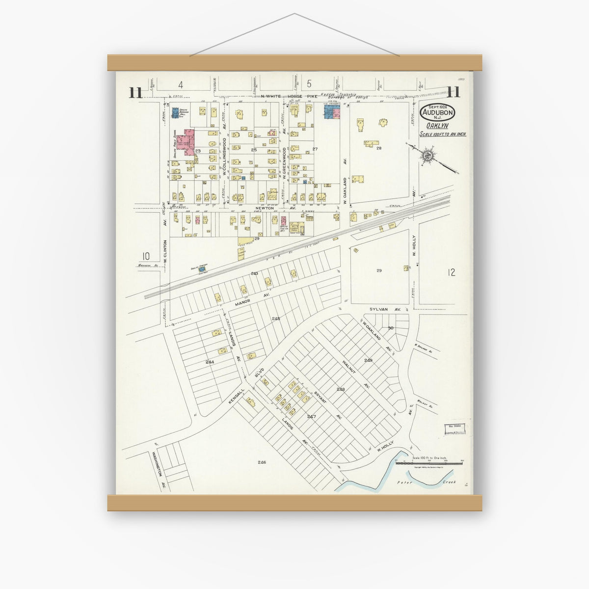 Old map wall art mockup — magnetic wood frame on white wall — Sanborn Fire Insurance Map from Audubon, Camden County, New Jersey (1924), Sheet #0011