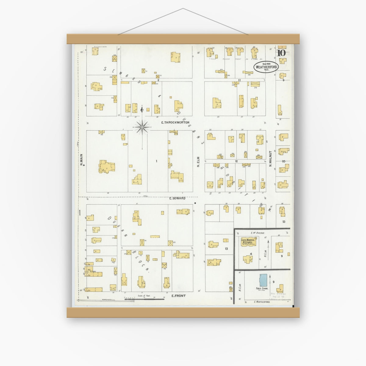 Old map wall art mockup — magnetic wood frame on white wall — Sanborn Fire Insurance Map from Weatherford, Parker County, Texas (1900), Sheet #0010