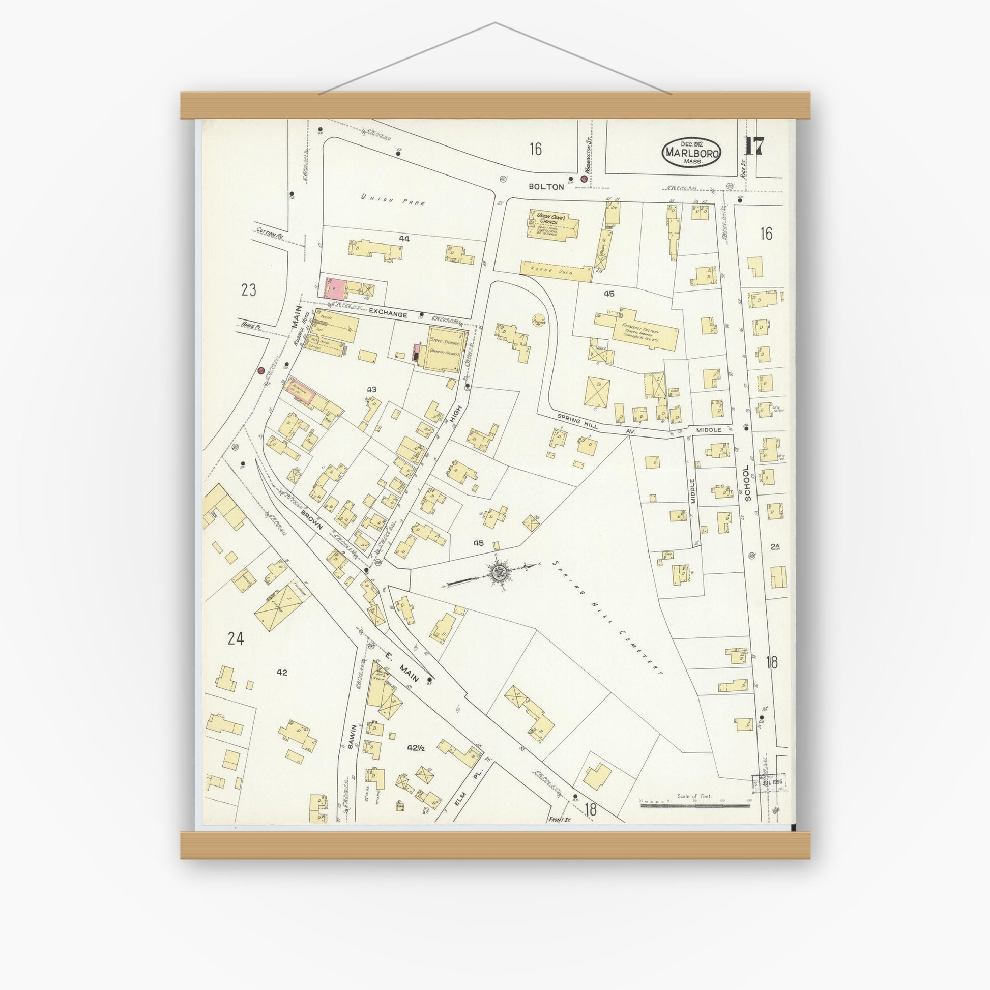 Old map wall art mockup — magnetic wood frame on white wall — Sanborn Fire Insurance Map from Marlborough, Middlesex County, Massachusetts (1912), Sheet #0017