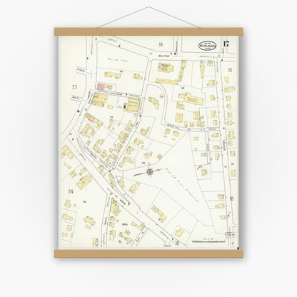 Old map wall art mockup — magnetic wood frame on white wall — Sanborn Fire Insurance Map from Marlborough, Middlesex County, Massachusetts (1912), Sheet #0017