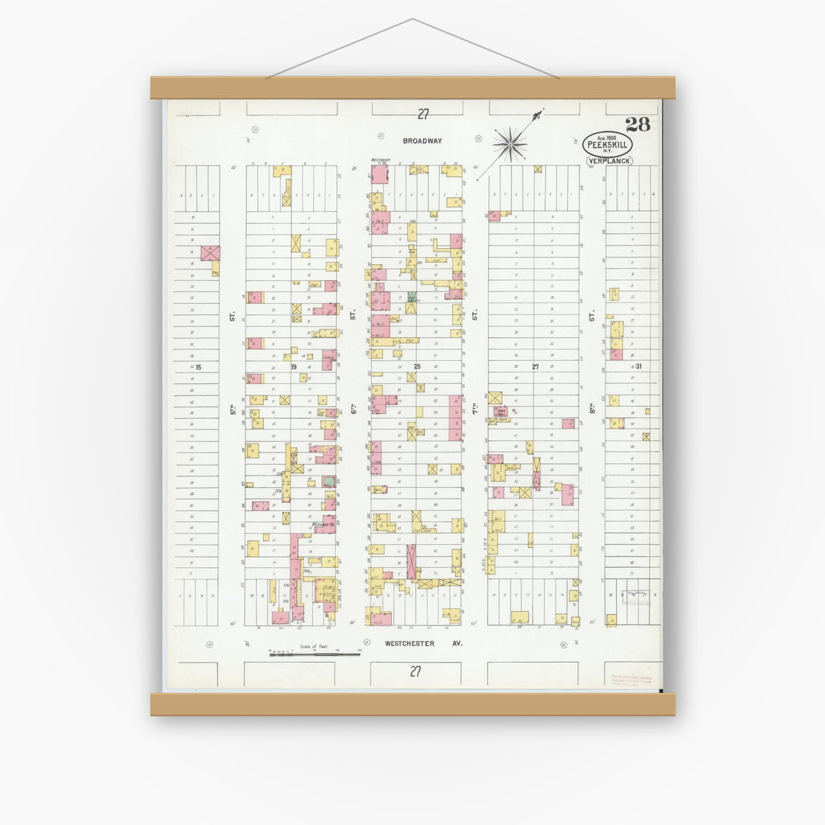Old map wall art mockup — magnetic wood frame on white wall — Sanborn Fire Insurance Map from Peekskill, Westchester County, New York (1900), Sheet #0028