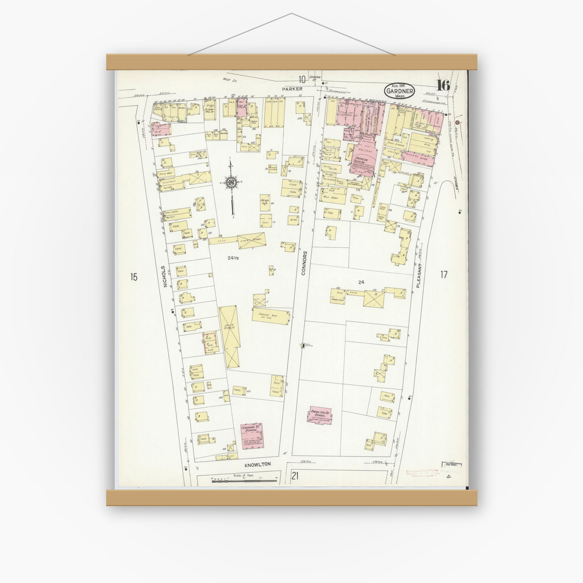 Old map wall art mockup — magnetic wood frame on white wall — Sanborn Fire Insurance Map from Gardner, Worcester County, Massachusetts (1914), Sheet #0016