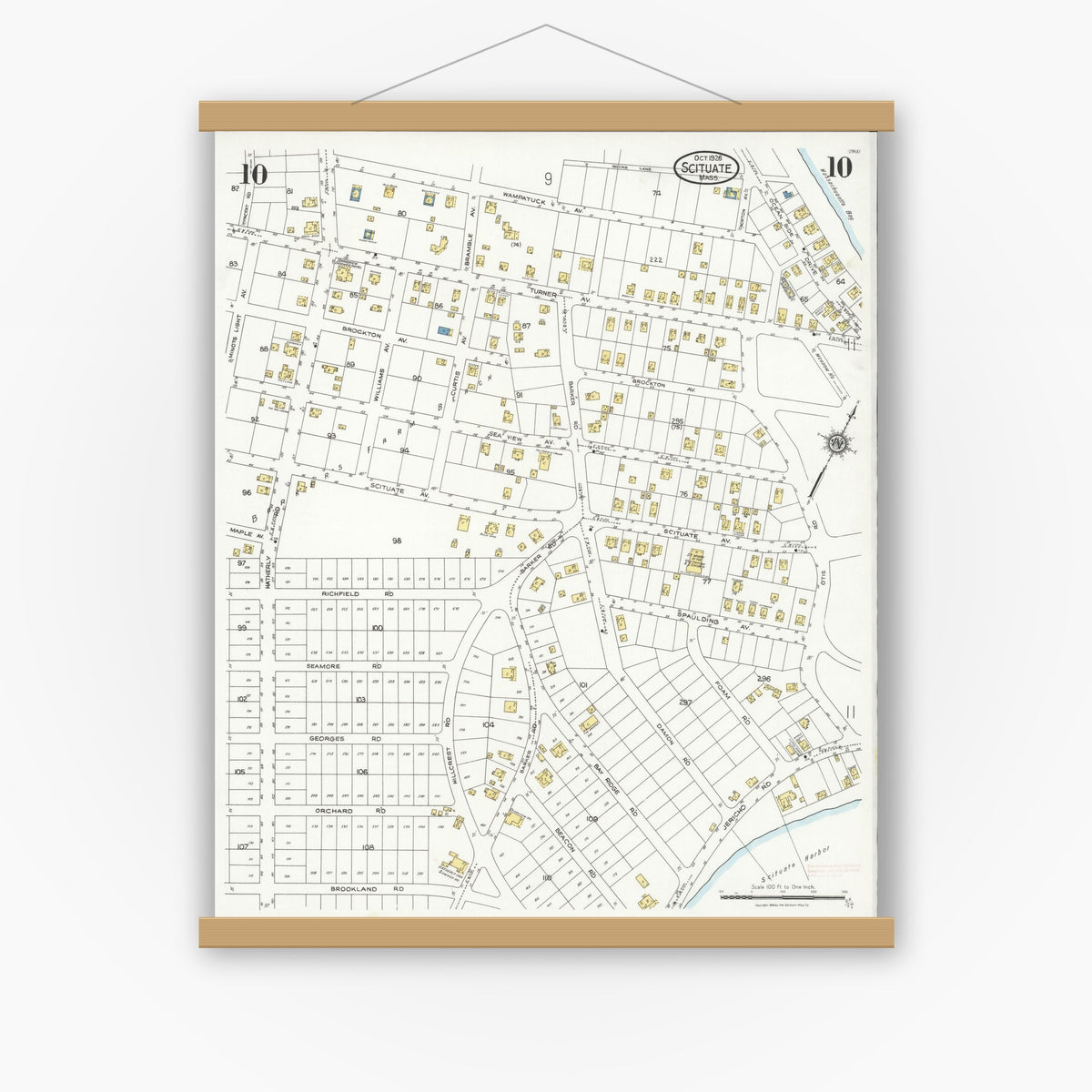 Old map wall art mockup — magnetic wood frame on white wall — Sanborn Fire Insurance Map from Scituate, Plymouth County, Massachusetts (1926), Sheet #0010